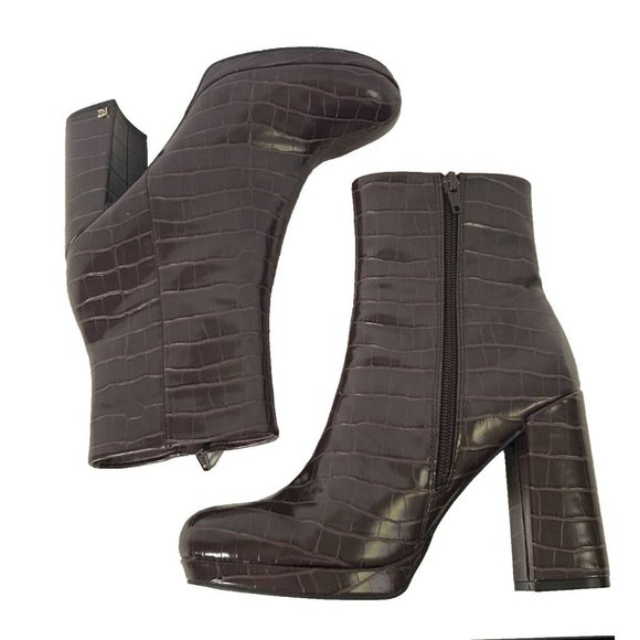 Rachel Zoe Size 7.5 M Mahogany Brown Croc Embossed MAYA Ankle Boot Platform Heel - Picture 5 of 16